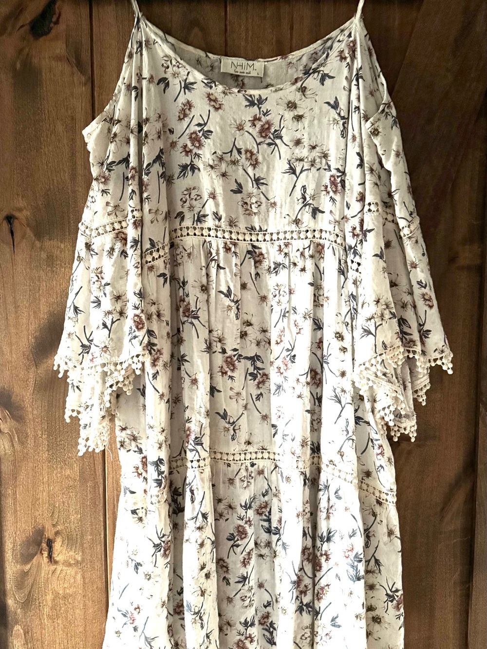 NHIM Cold Shoulder Cream Floral Mini Dress with Crocheted Lace Trim